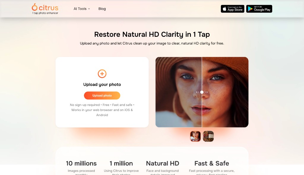 Citrus website: hero with photo upload and before/after preview